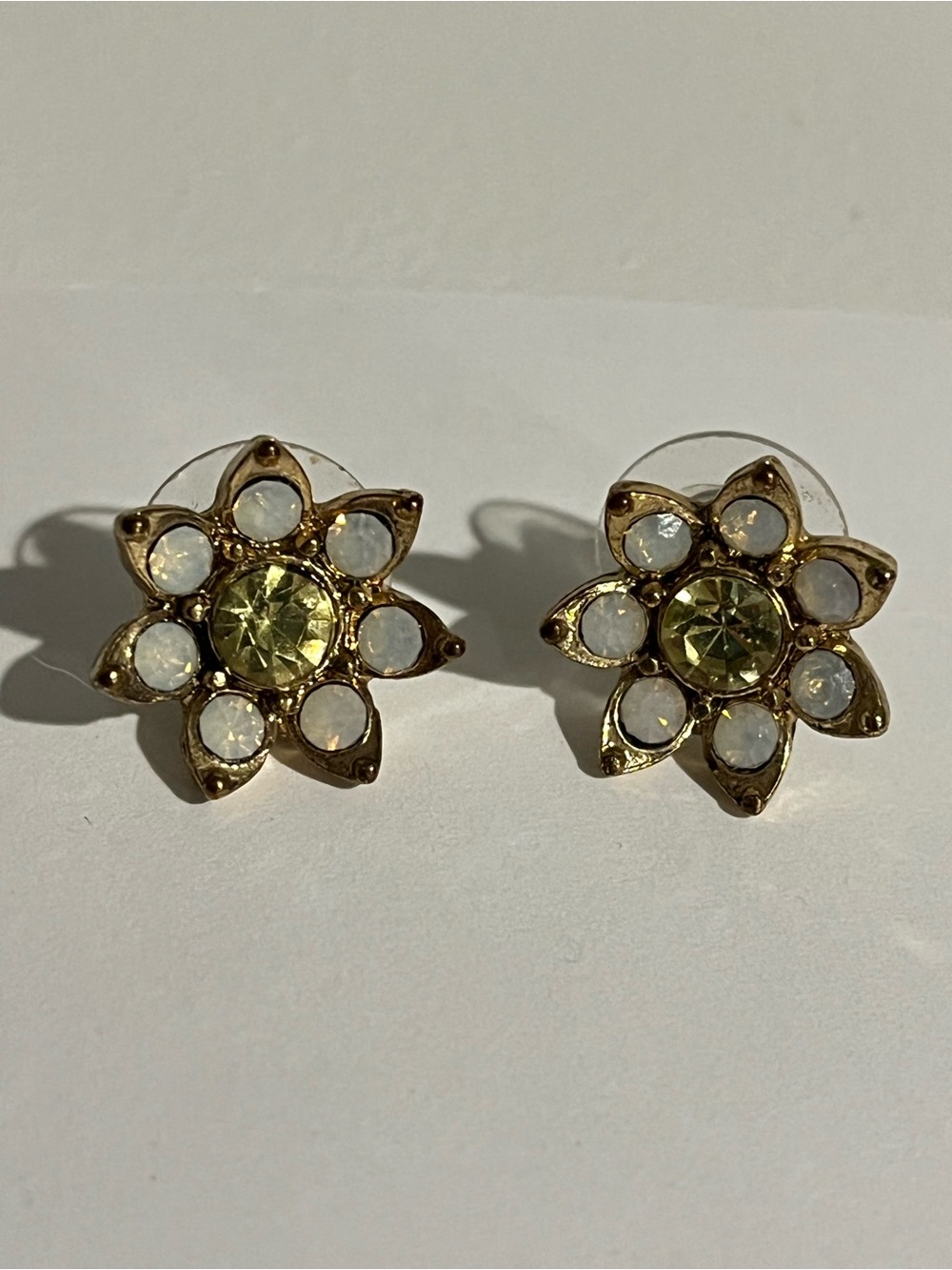 Gold Floral Stud Earrings with Yellow Center and Opal Accents